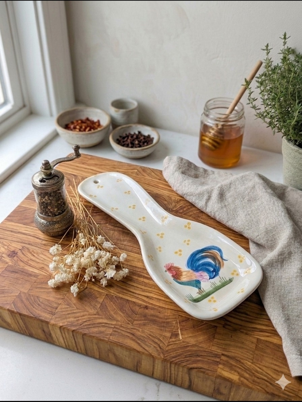 Vintage Rooster Ceramic Spoon Rest – Hand‑Painted Farmhouse Kitchen Decor